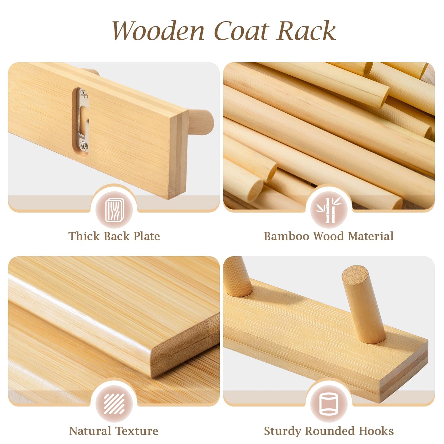 HOMEBROS Coat Rack Wall Mount, Wooden Coat Hanger with 5 Hooks, Heavy Duty, Natural, 2 Pcs