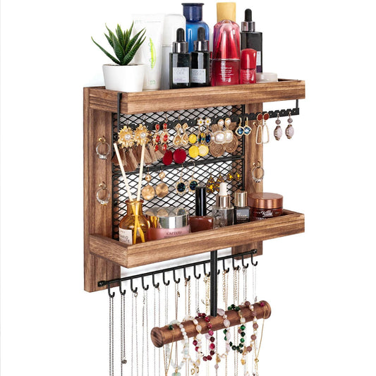Pinzoveco Hanging Jewelry Organizer Wall Mounted With Wall Jewelry Organizer Holder For Necklaces Bracelet Earrings Ring (Rustic Wood)