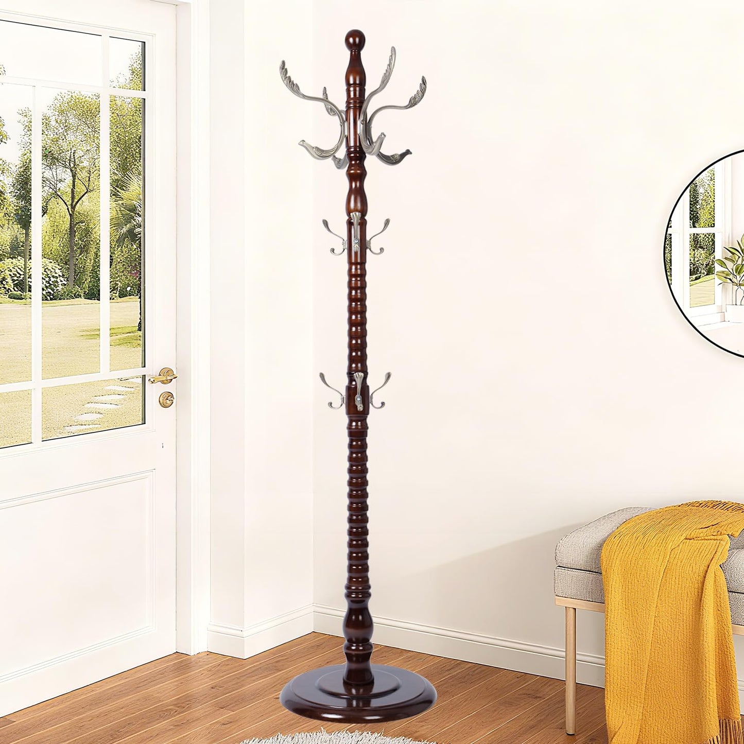 YFYUA Freestanding Coat Rack with 14 Hooks, Sturdy Wooden Hall Tree for Entryway, Heavy-Duty Disc Base,for Hanging Hats, Jackets, Bags, Easy Assembly for Bedroom, Hallway, Office