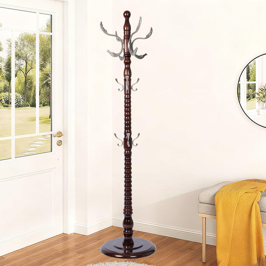 YFYUA Freestanding Coat Rack with 14 Hooks, Sturdy Wooden Hall Tree for Entryway, Heavy-Duty Disc Base,for Hanging Hats, Jackets, Bags, Easy Assembly for Bedroom, Hallway, Office