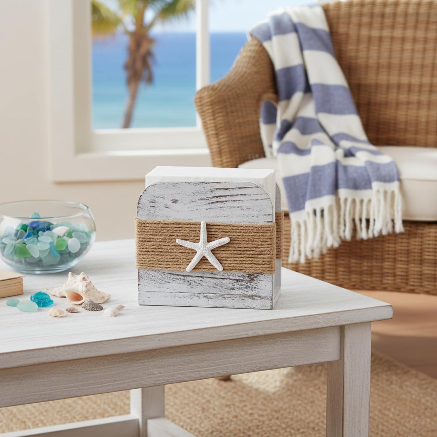 Fiwochic Natural Wooden Napkin Holder, Farmhouse Napkin Holders Upright Wooden Tissue Dispenser for Kitchen Dining Room Table Decor Indoor & Outdoor Use (Beach Style,White)