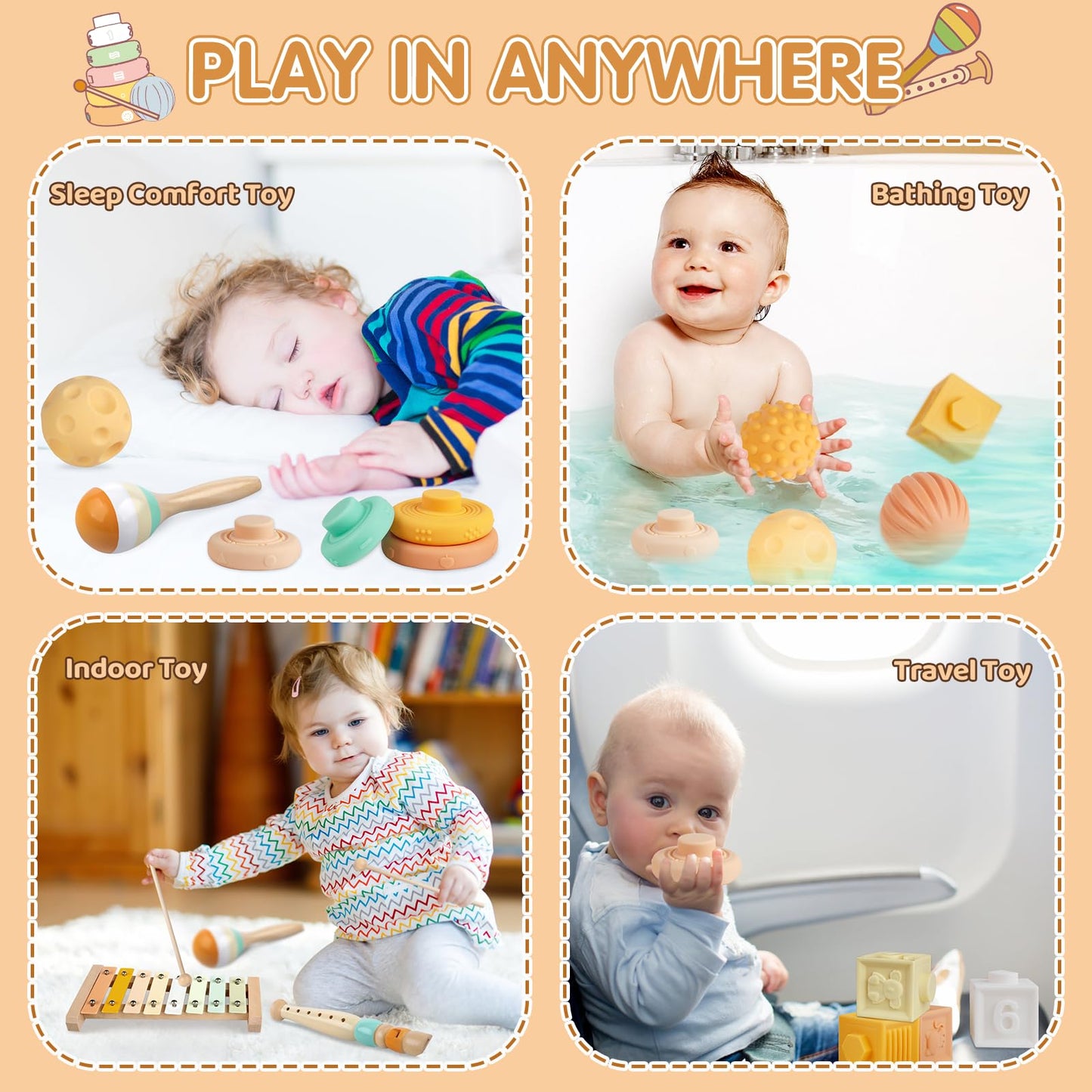 Wuzhineisn Baby Toys Montessori Toys 6 in 1 Musical Instruments for Toddler, Stacking Blocks Development Learning Educational Toy with Wooden Xylophone Infant Baby Birthday Gift