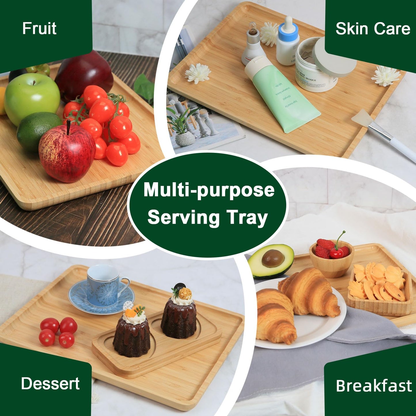 ZTHapwa Bamboo Wooden Serving Tray, 13x10 Inch Rectangular Food Tray with Raised Edges, Lightweight Snack Platter for Breakfast in Bed, Coffee Table, Party Serving, Also as Charcuterie Board