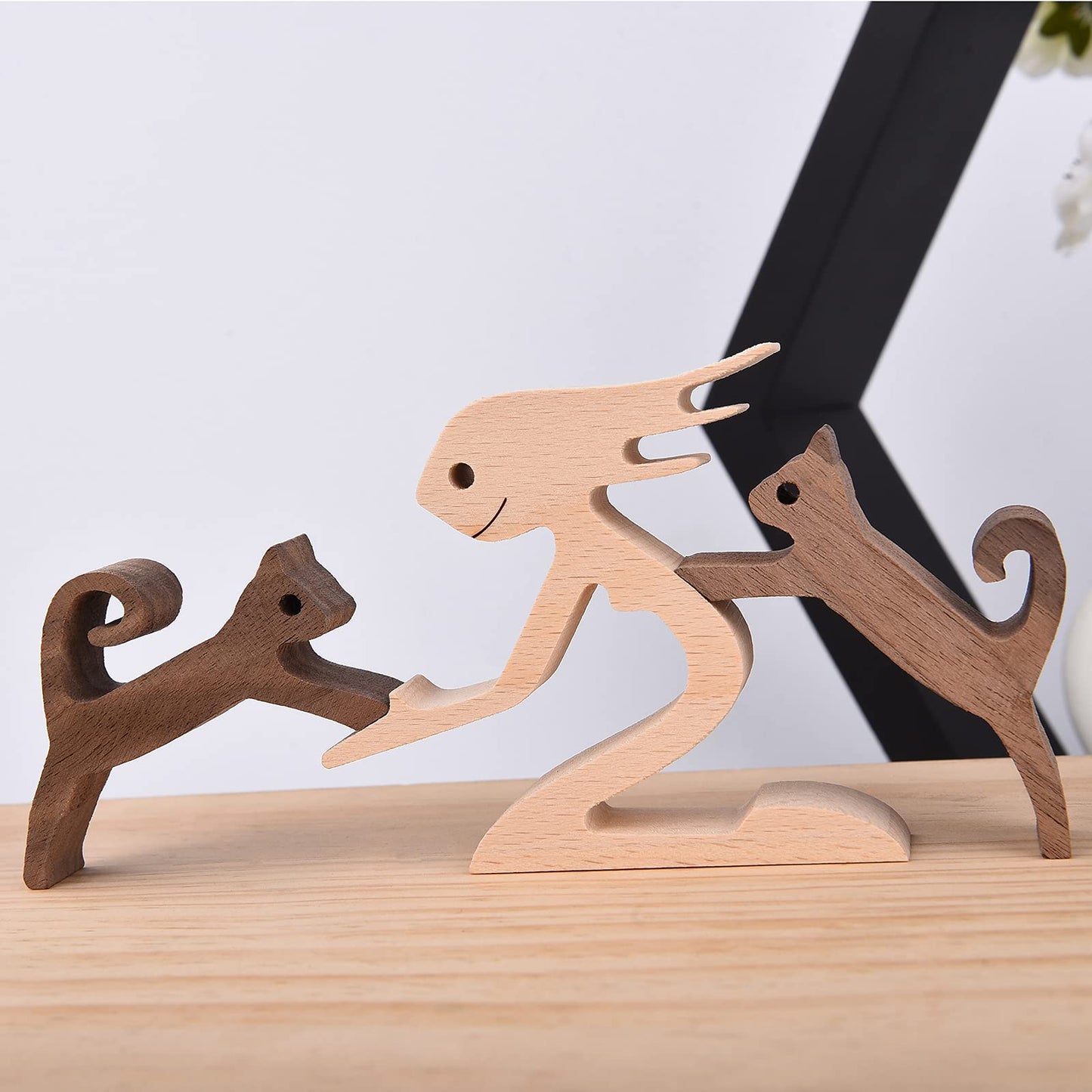 KINGNOW Woman and Cat Statue Wood Figurine Handcraft Kitty Ornament Home Decor Accents