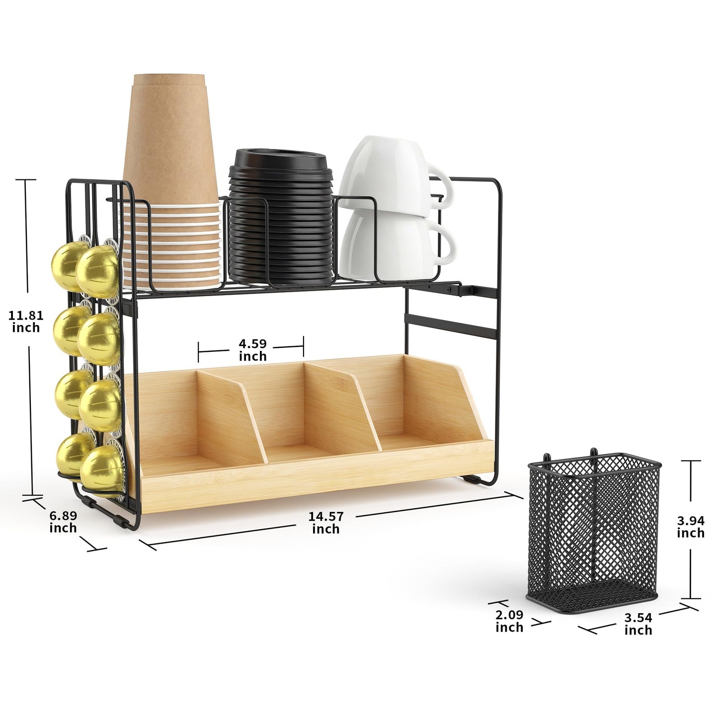 CACHOLIV Coffee Station Organizer for Countertop - Bamboo Bar Organizer Rack for Nespresso Pod & K Cup - Coffee Pods Holder Storage Basket - Cup and Condiment Station for Kitchen Office Home (Black)