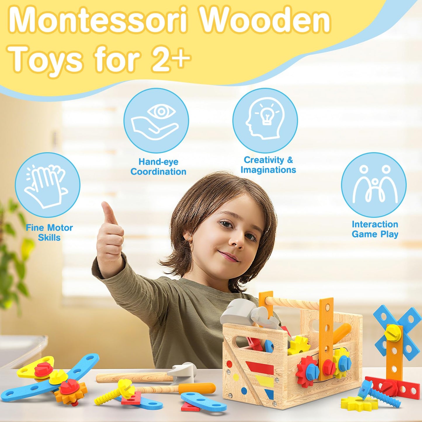 Montessori Toys for 2 Year Old Boy - Wooden Kids Tool Set with Apron
