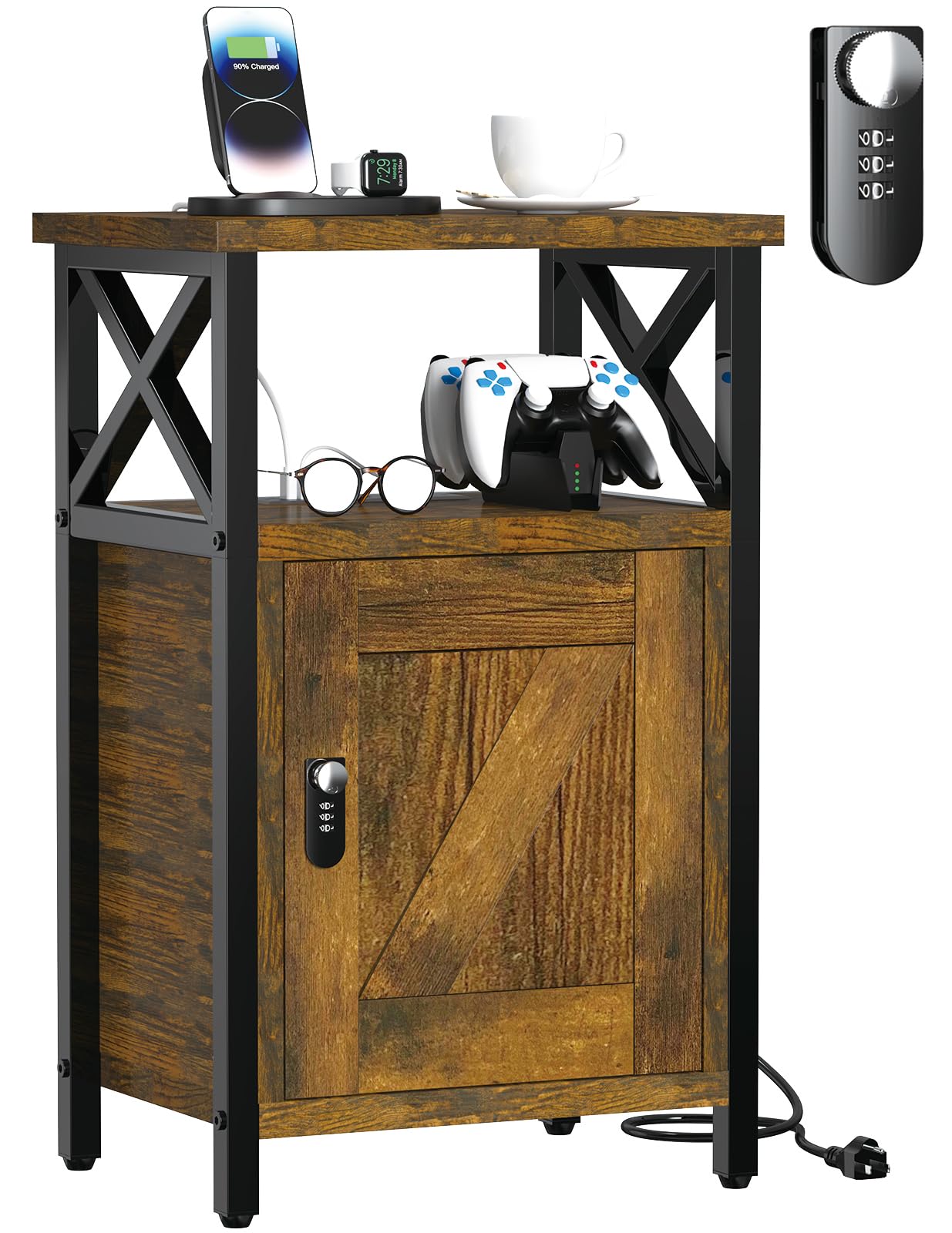 runjuly Wooden Nightstand with Lock, Bedside Table with Drawer, Bed Side Table with Charging Station, 3 USB & 2 Outlets, Night Stand with Storage Cabinet, End Table for Bedroom, Brown