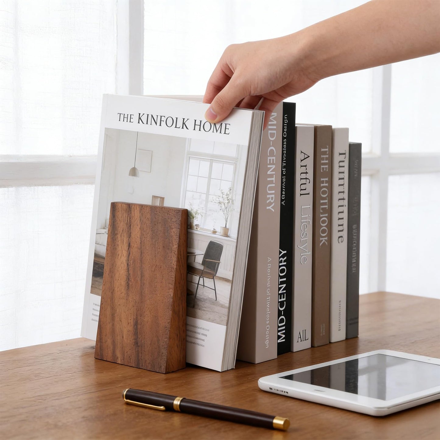 Afcabakila 2pcs Book Ends for Shelves Book end Wood Thickend Wooden Books Ends for Heavy Books Wood Bookends Wooden bookends Modern Decorative Accessories to Hold boook Firmly on Bookshelf Walnut