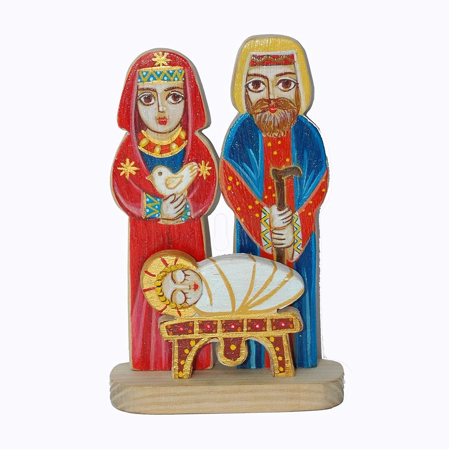 Saint Mary with Josef Nativity Tabletop Wooden Handmade Red Blue Yellow