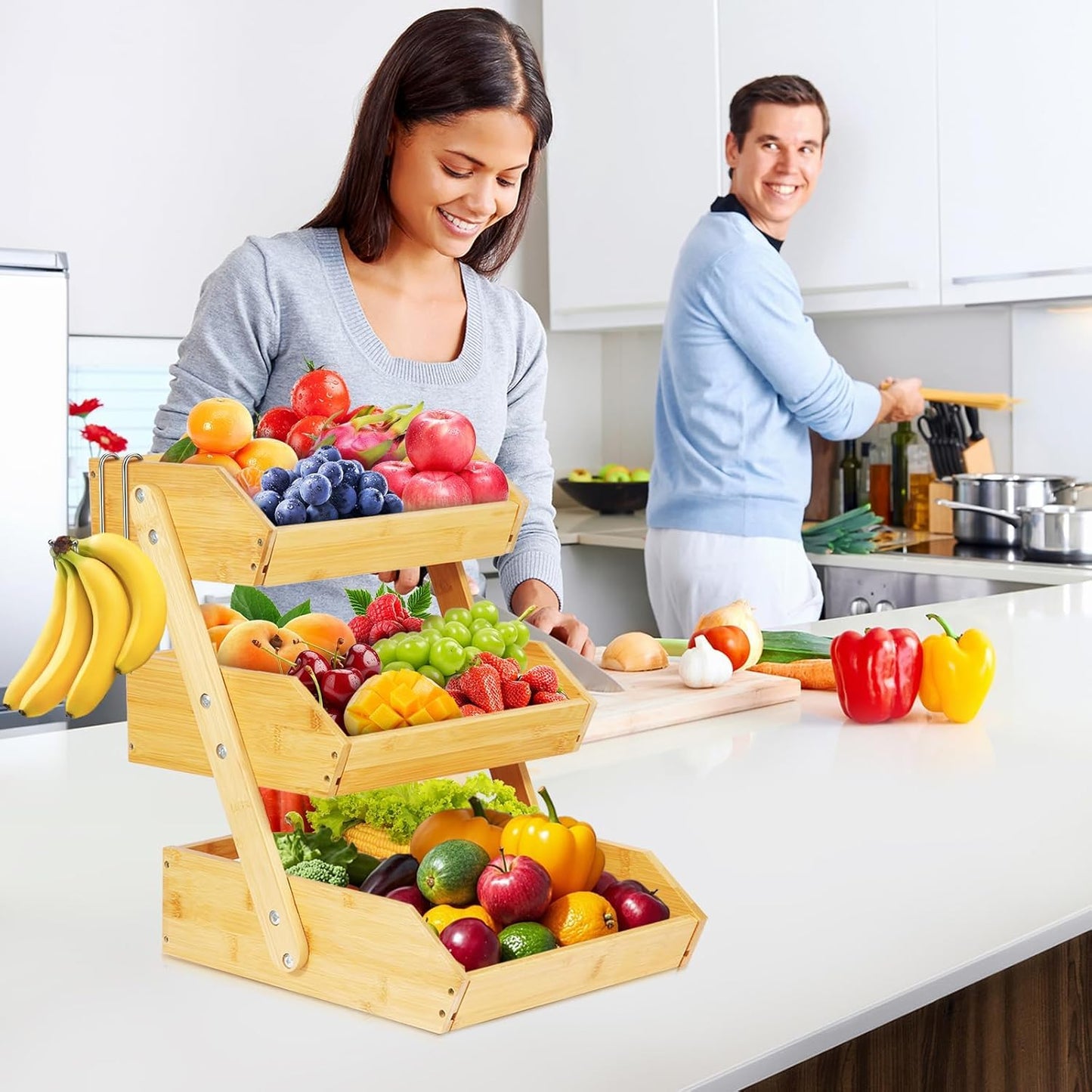 NadaKin Bamboo Fruit Basket 3 Tier for Kitchen Counter, Assemble Display Stand for Countertop with 2 Metal Hooks, Large Storage Organizer Produce Holder for Vegetables, Bread, Snacks