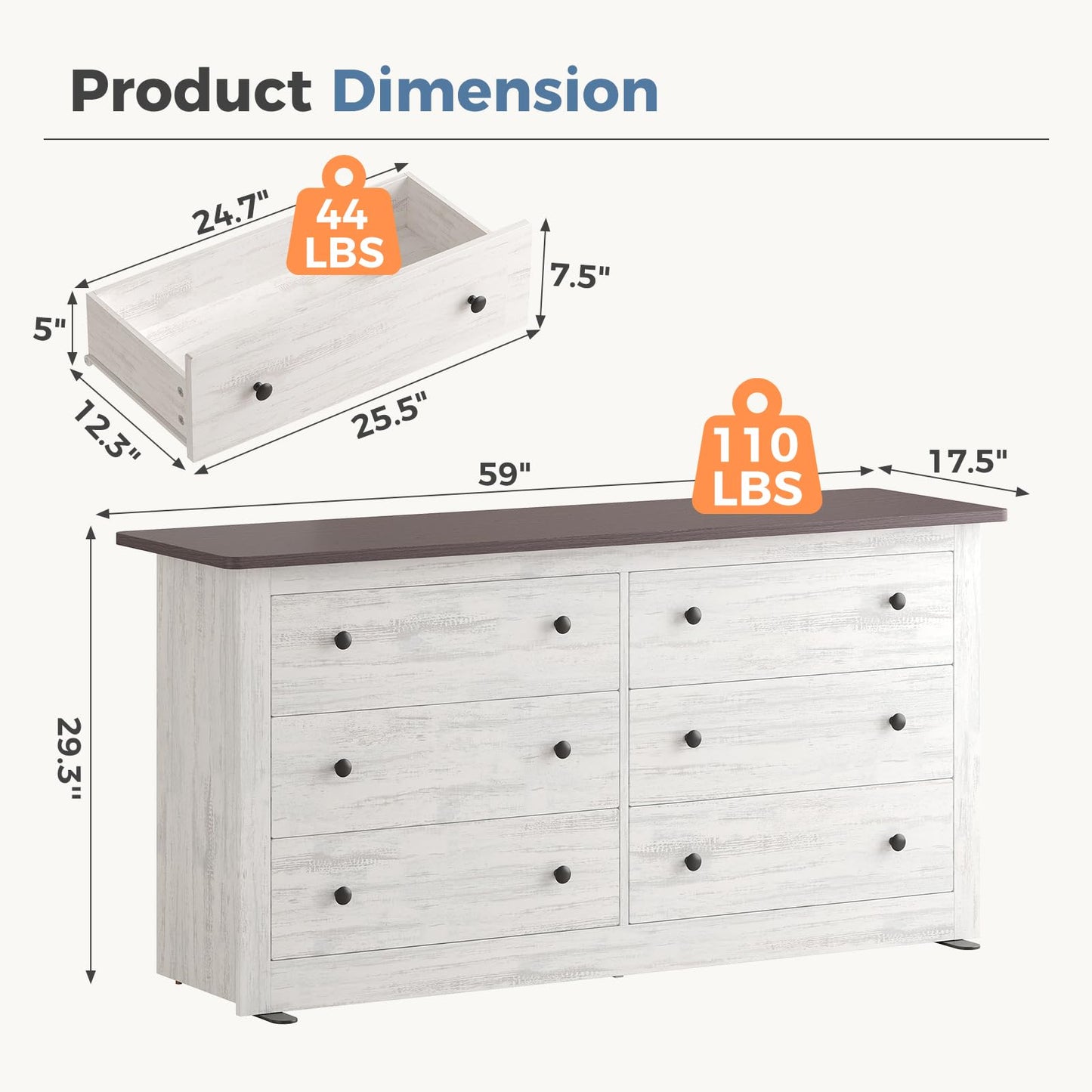 DUMOS Home Storage for Living Room, Wood Cabinet with 6 Drawers, 59" Wide TV Stand with Metal Handles, Storage Organizer for Bedroom, Entryway and Home Office, Wood