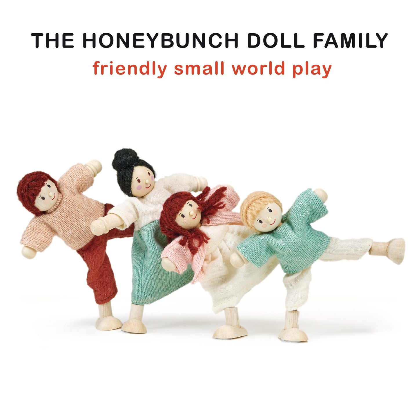 Mentari Toys - The Honeybunch Doll Family - 4pc Poseable Wooden Doll Set with Fabric Clothes - Perfect for Dollhouses and Small World Play - Encourages Imaginative Play and Social Skills - Age 3+