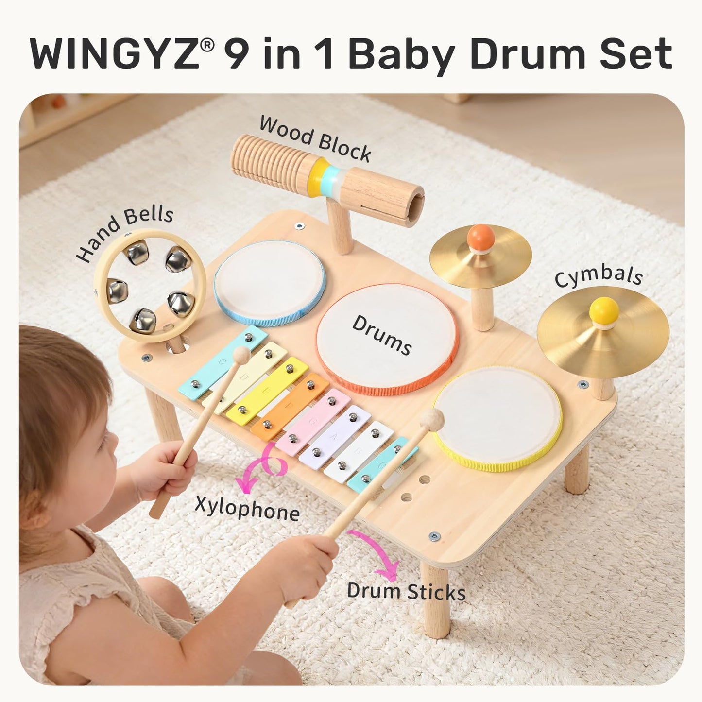 WINGYZ Kids Drum Set – 9-in-1 Montessori Toys for 1-3 Year Old & Wooden Musical Instruments for Toddlers, Baby Musical Toys with Drums, Xylophone, Helps Hand-Eye Coordination, Gift for 1-3 Boys Girls
