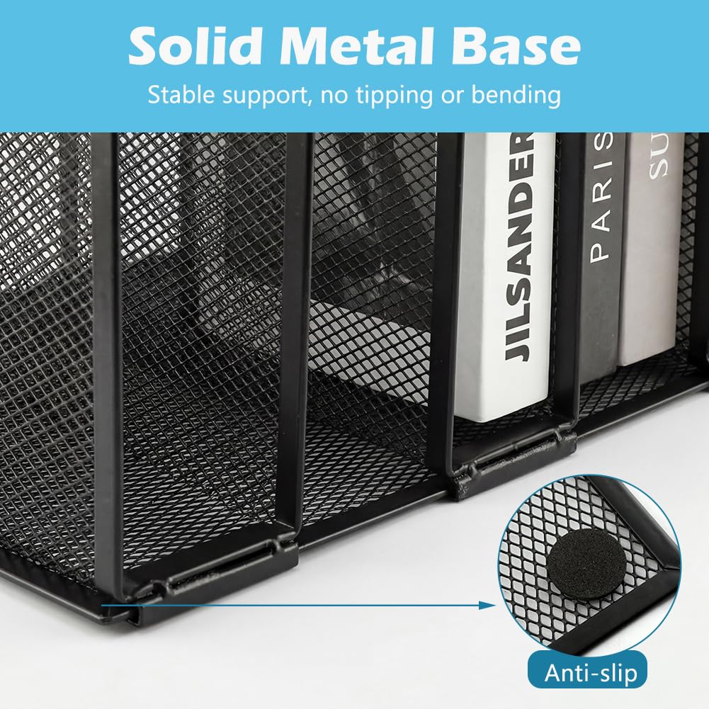 LYNCHAOXAN 7-Section Vertical Mesh File Sorter, Black Metal Desktop Document Organizer with Extra Wide Spacing, Metal Paper Holder for Home Office Classroom Desk Storage