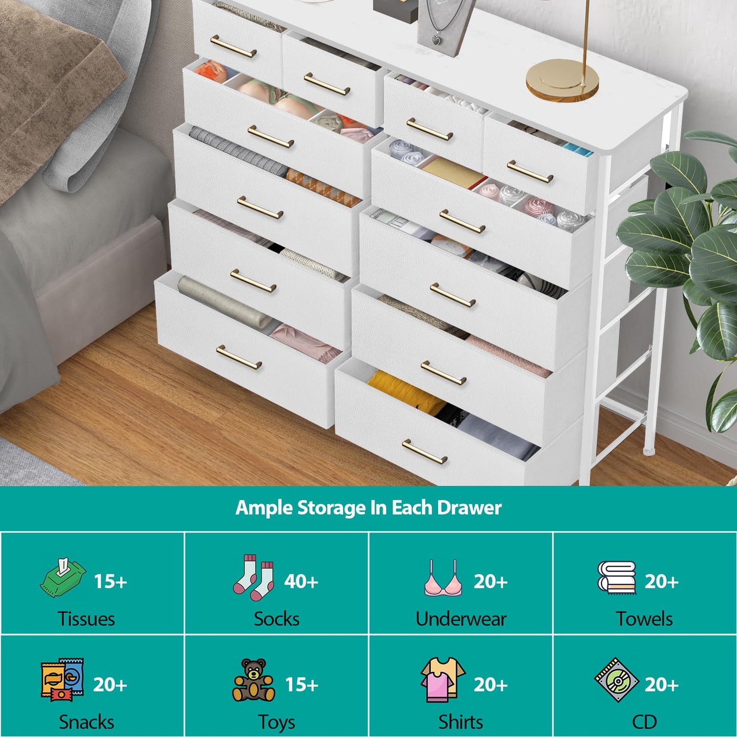 VASICAR Chest of Drawers for Bedroom with 12 Deep Drawers Tall Fabric Dresser, Storage Cabinet for Closet, Nursery, Bedside, Living Room, Entryway, Hallway (White)