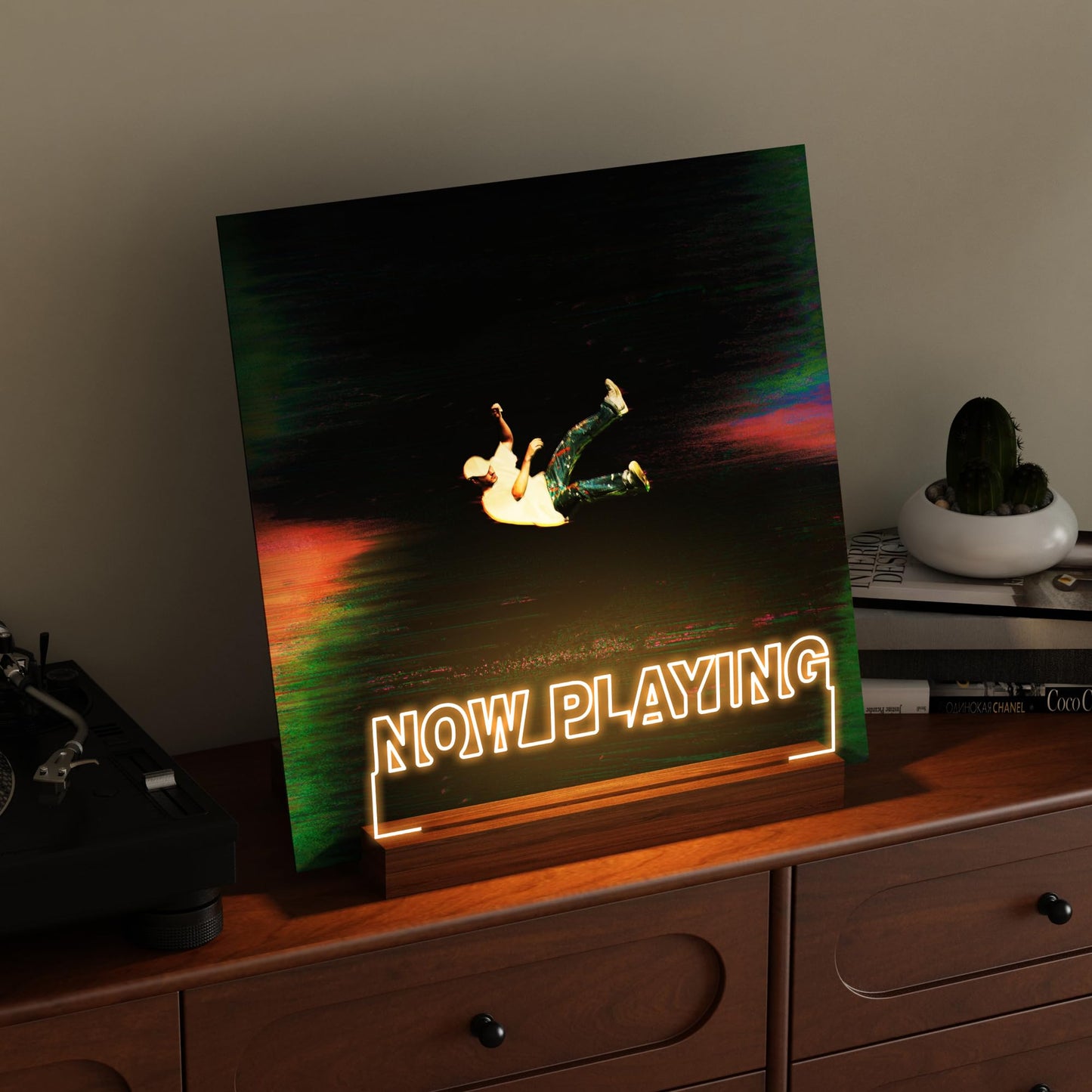 CoolGift Mart Now Playing Vinyl Record Stand, Light up Record Holder, Wooden Acrylic Display with Warm White Lights for Albums, Room Decor, for Vinyl Lovers