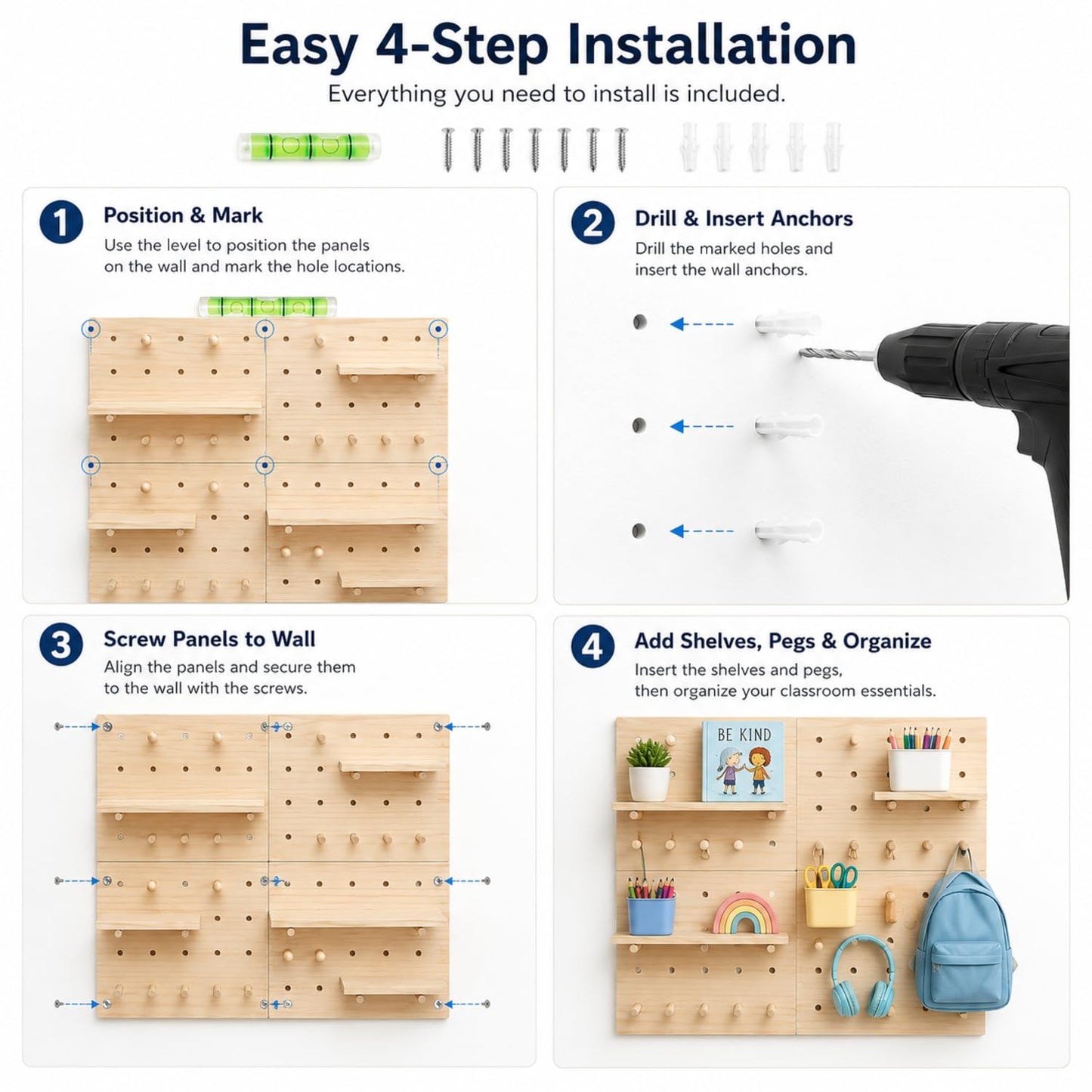 Gerrii 4 Pack Wood Pegboard Wall Organizer for Classroom 11.81 x 15.75 Inches Wooden Peg Board with Racks Hooks Modular Pegboard Organizer System for Teacher Supplies Student Work Display Office Craft
