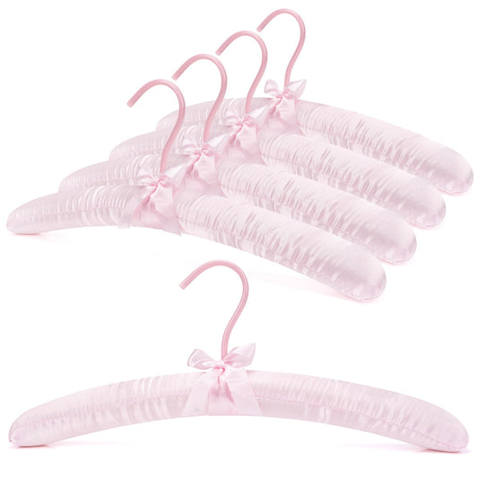 BUNCHBRAVO Women's Satin Padded Hangers – 15" Foam-Filled Wooden Clothes Hangers with No Shoulder Bumps, Bow Accent, for Sweaters, Blouses, Dresses – 5 Pack (Pink)
