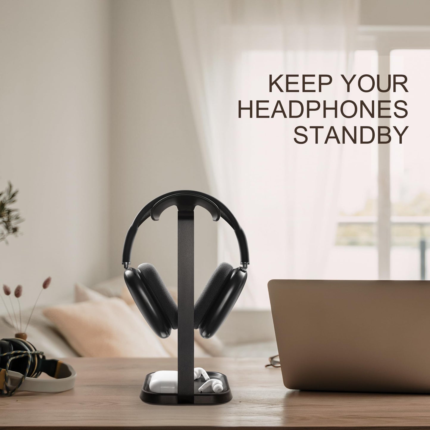QinCoon Headphone Stand, Curved Headset Stand with Storage Tray, Gaming Headset Holder for AirPods Max, AirPods Max 2, AirPods, AirPods Pro, Beats, Bose, Sony and More (Black)