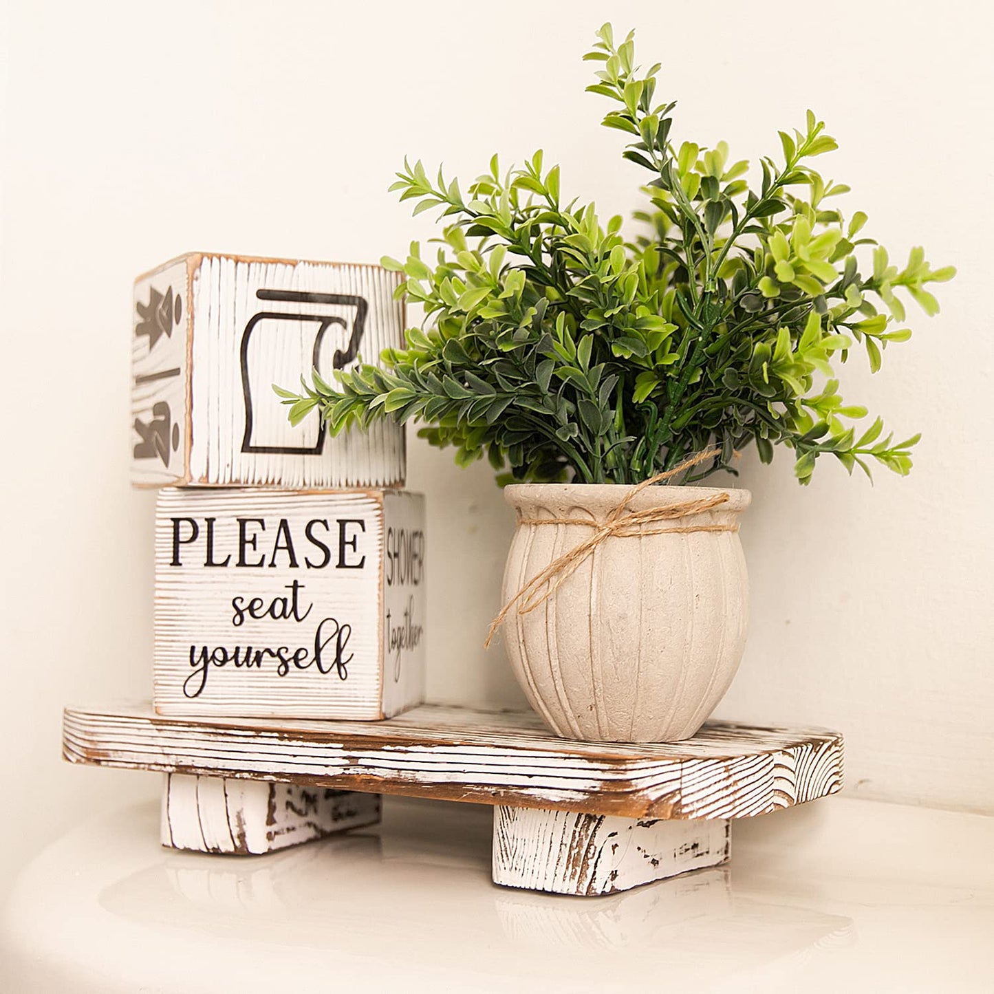 Liswit Farmhouse Funny Bathroom Decor Signs, 3 Wooden Blocks with Plant & Tray, Rustic Decoration for Bathroom Countertop