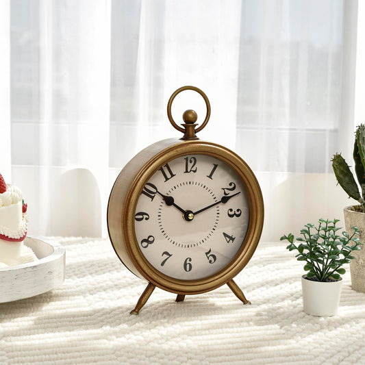 EMAX HOME Vintage Table Clock on Stand, Decorative Desk and Shelf Clock Rustic Mantel Clock Non-Ticking, Metal Frame with Antique Gold Finish
