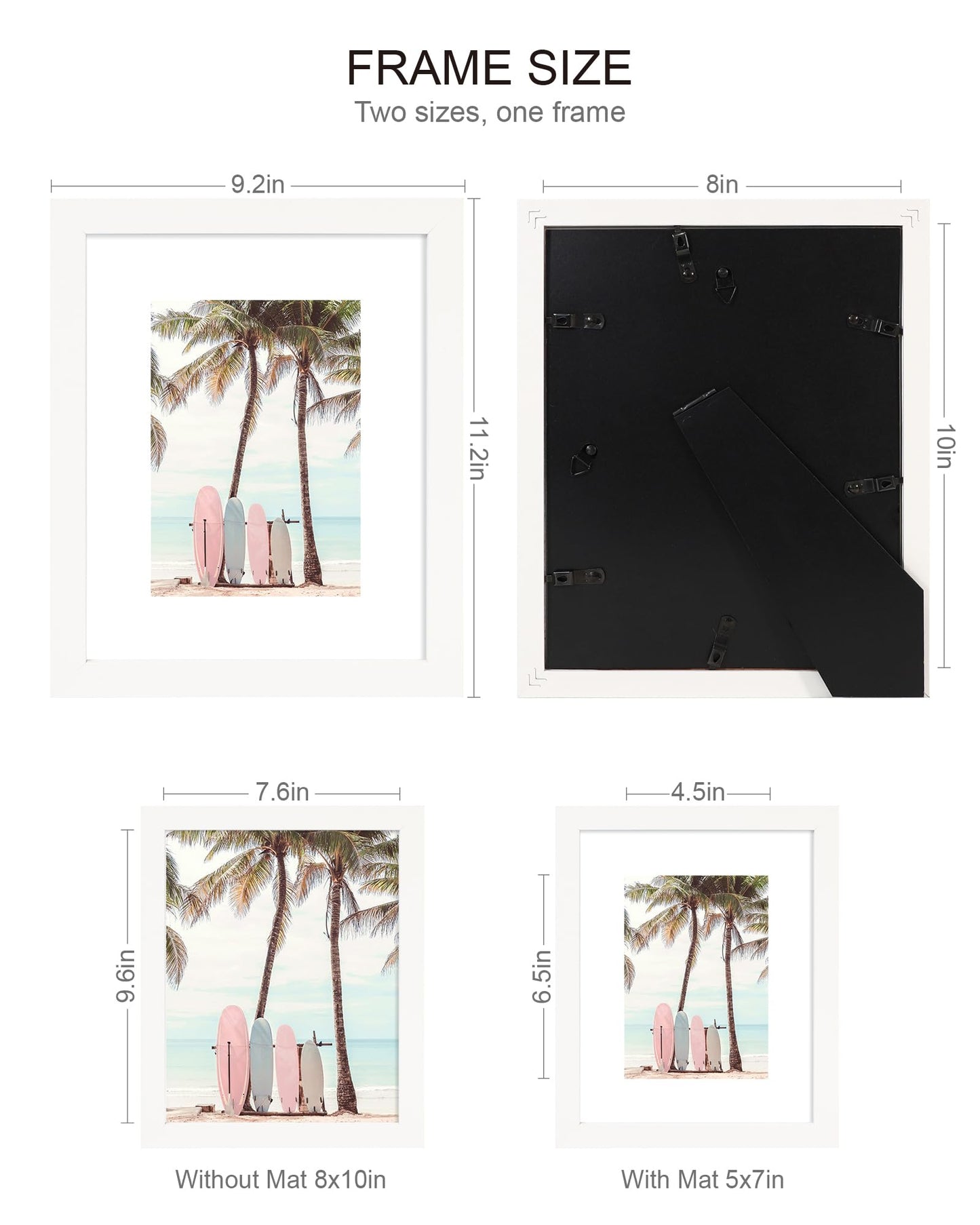 Hongkee 8x10 Picture Frame (4 Pack, White) Made of Real Glass and Wooden Frame - Display Pictures 5x7 with Mat or 8x10 Without Mat, 8 by 10 Photo Frames TableTop Display and Wall Mounting