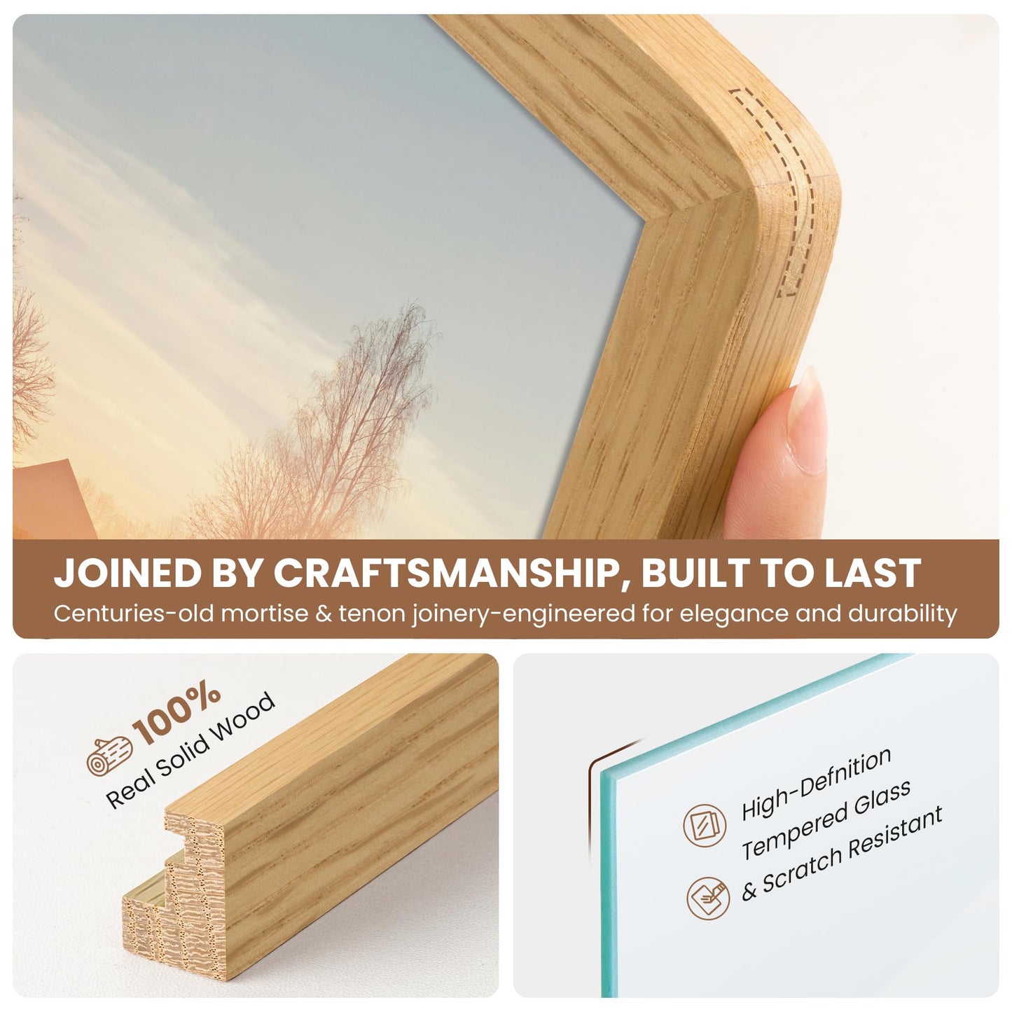 FLYJOE 12x12 Picture Frame,Solid Oak Wood 12x12 Photo Frame with Mat for 8x8 Photos,12 x 12 Wooden Frames with HD Tempered Glass,12 by 12 Wood Frame,Vertical & Horizontal Wall Hanging Display