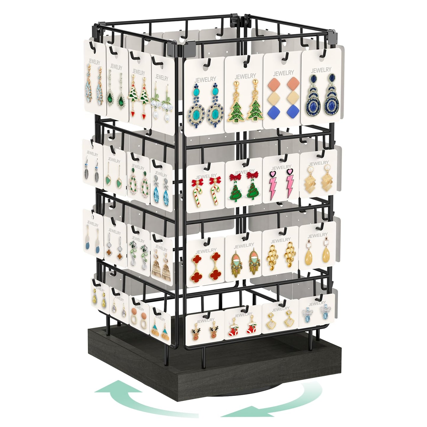 EsLuker.ly Rotating Earring Display Holder Stand for Vendors Events Selling, Large Capacity 64 Hooks Jewelry Rack with Wooden Base for Earring Card Sales, Enhances Retail Visibility