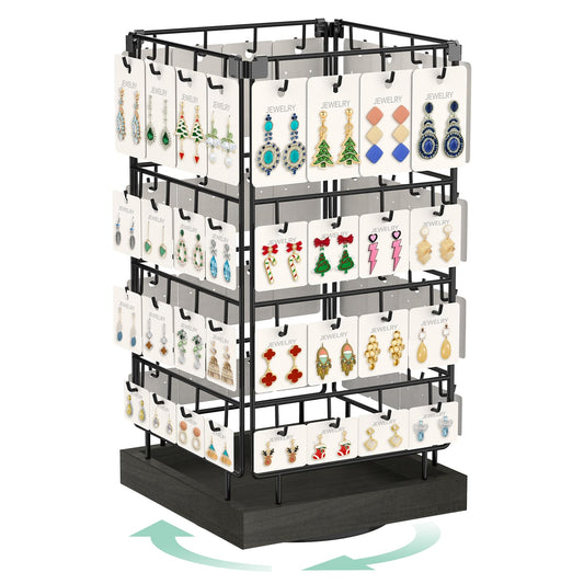 EsLuker.ly Rotating Earring Display Holder Stand for Vendors Events Selling, Large Capacity 64 Hooks Jewelry Rack with Wooden Base for Earring Card Sales, Enhances Retail Visibility