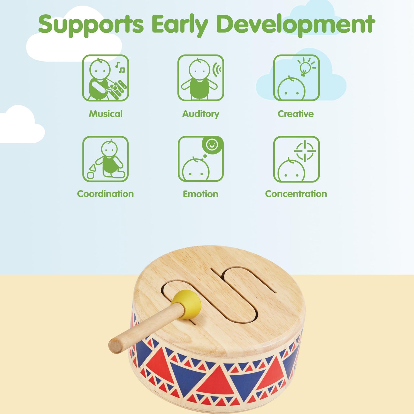 PlanToys® Solid Drum Wooden Musical Toy for Toddlers | Pretend Play Instrument for Kids | Eco-Friendly Percussion Toy for Coordination, Creativity & Early Learning Development