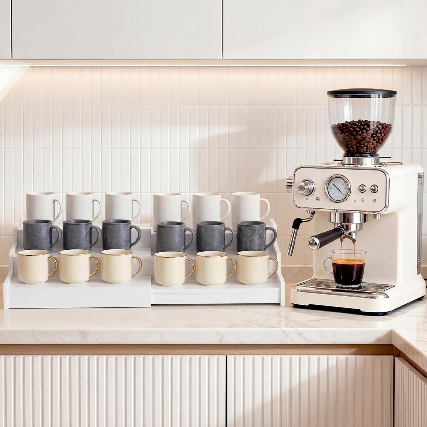 Novabright 1 Pcs 3-tier Expandable Mug Holder Coffee Mug Organizer No Assembly More Space Countertop for Spice Rack Shelf Risers Figures Dessert Shelves and Kitchen Cabinets (White)