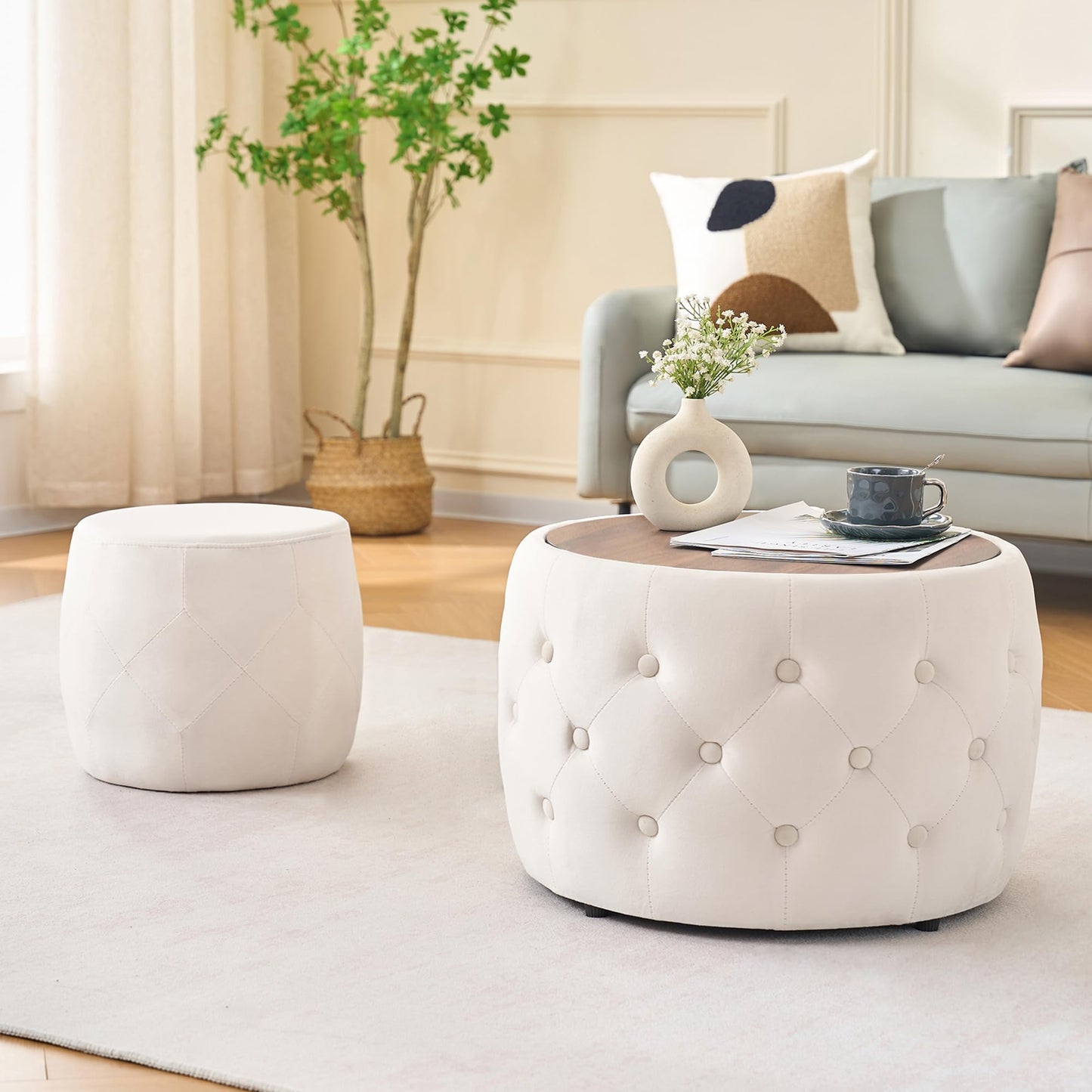 KEIKI Luxurious Velvet Nesting Ottomans of 2, 4-in-1 Round Storage Foot Stool with Removable Wood Tray, Multi-Functional Accent Tables Set, Beige