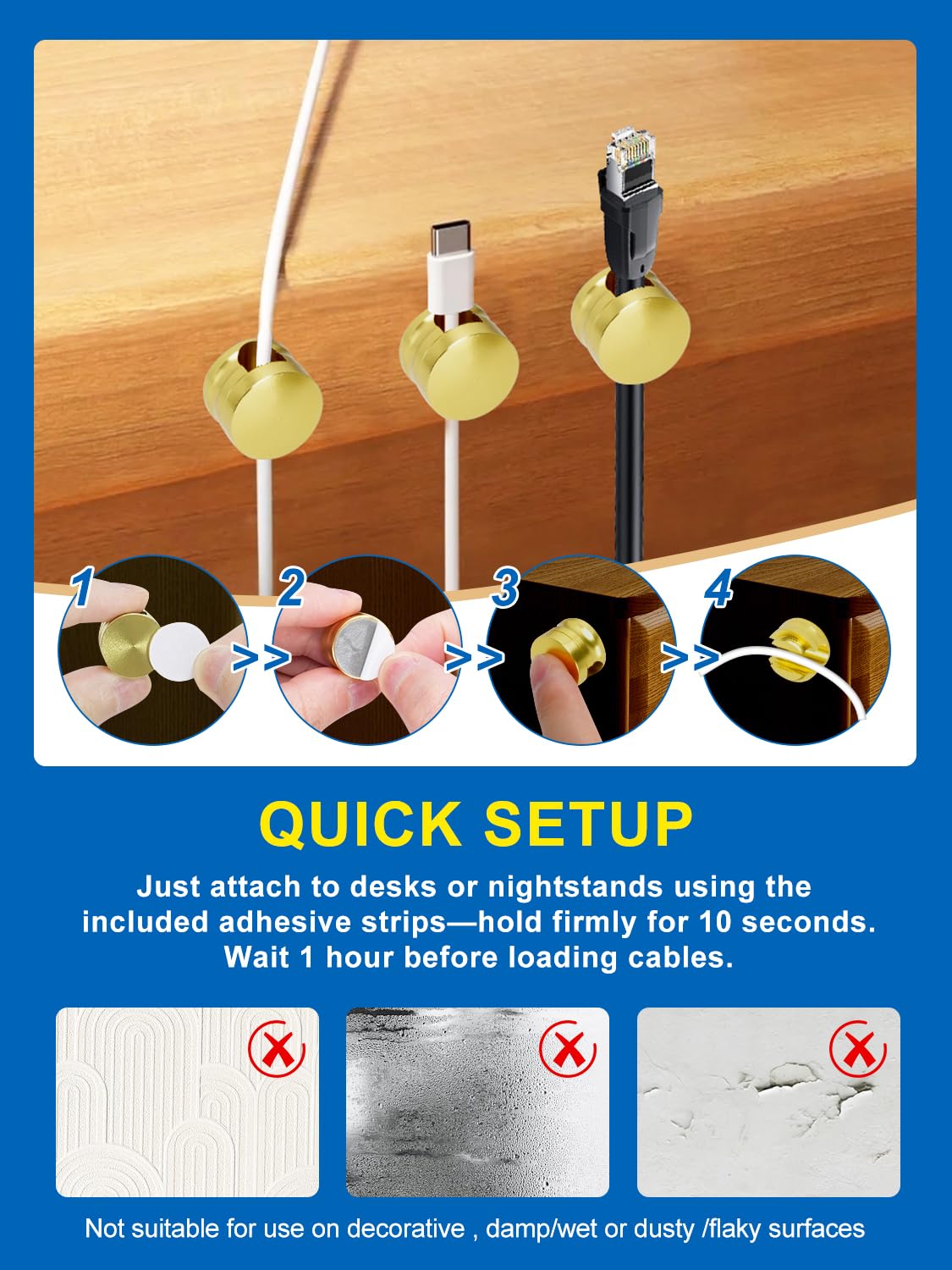 Kofuyni 3 Pack Upgraded Cord Management Clips with Extra-Large Adhesive Base, Stronger Hold Phone Charger Holder for Nightstand, Premium Aluminum Gold Sticky USB Wire Organizer Cable Clips for Desk