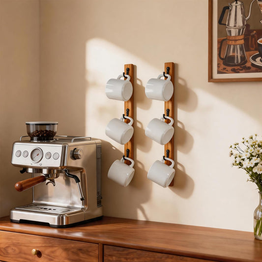 Yohsnor 2 Pack Coffee Mug Wall Rack - Stylish Wood Holder for Mugs & Cups, Space-Saving Design for Kitchen, Office & Home Decor, Ideal for Small Spaces, Easy Installation Methods