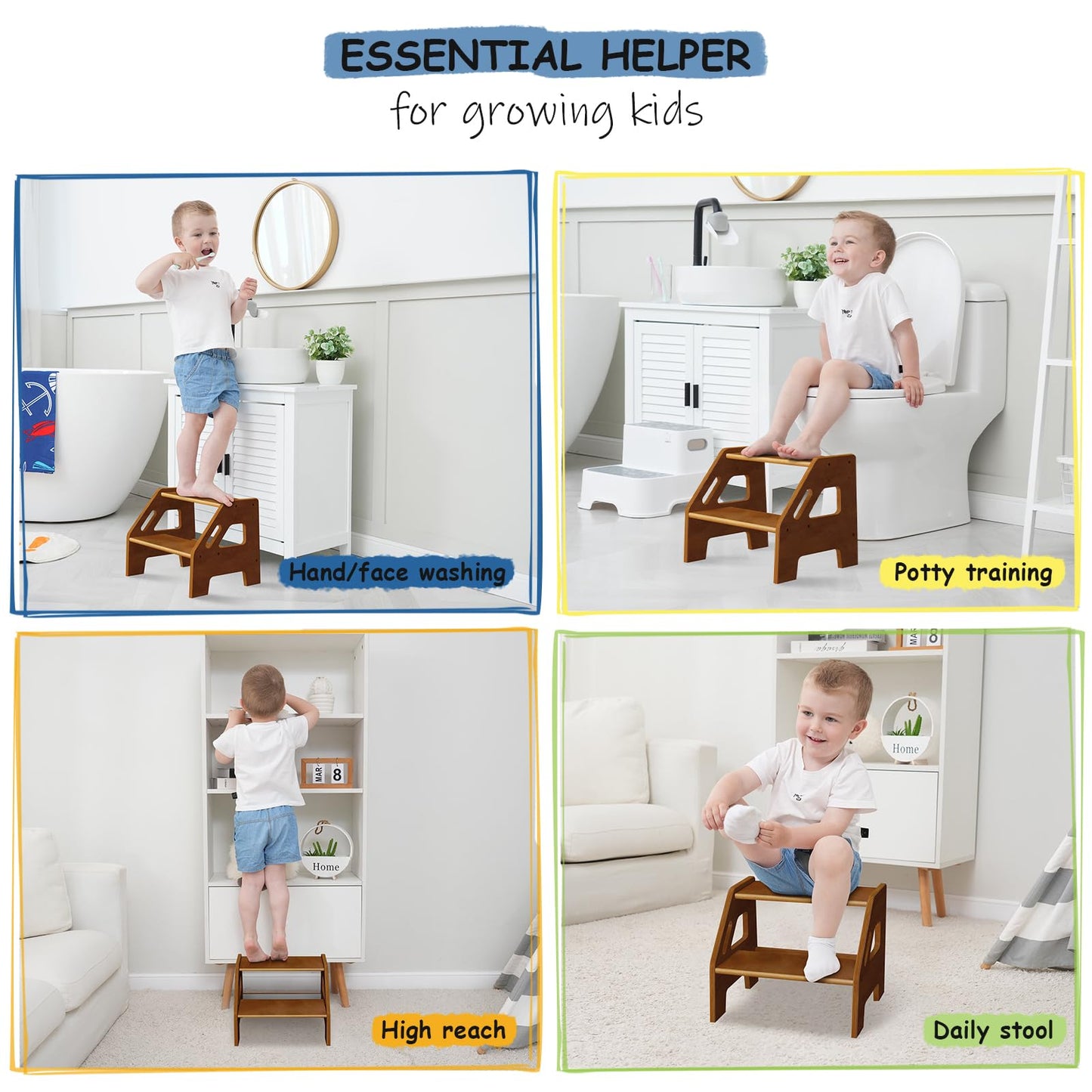 Harwaya Wooden Toddler Step Stool for Bathroom Sink, Dark Wood Kids Toilet 2 Step Stool for Toddlers Potty Training, Baby Child Stepping Stools with Handles for Bedroom Kitchen Counter (Walnut Brown)