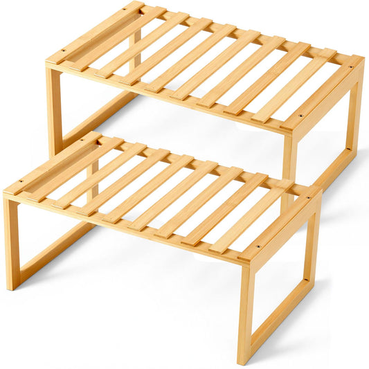 BrightRow 2 Pcs Kitchen Cabinet Organizer Bamboo Bookshelf Bamboo Kitchen Shelves, Cabinet Shelf Organizer, Storage Shelves for Pantry Bathroom Dining Room Study Laundry
