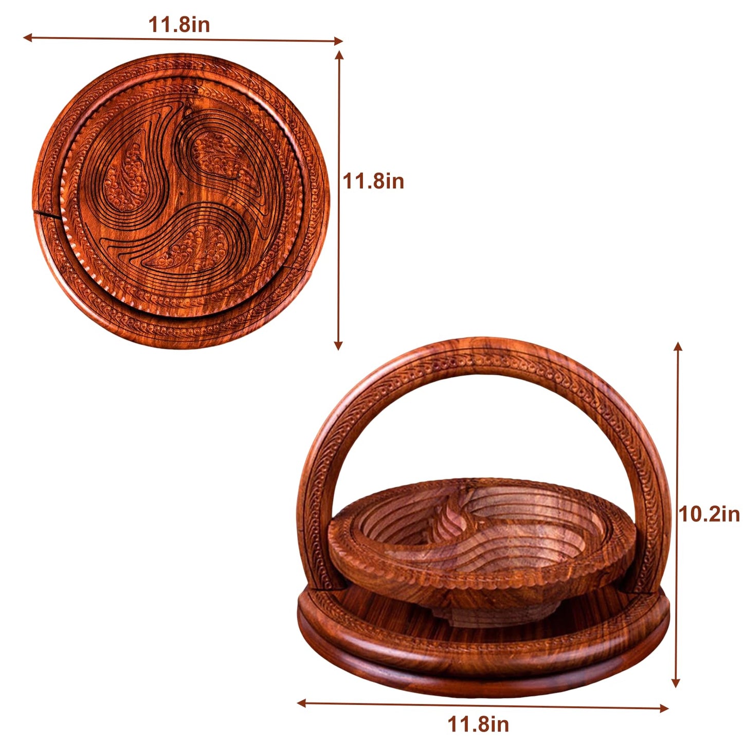 OXBZKMY Handmade 12" Foldable Wooden Basket, Collapsible Fruit Basket Walnut Carving Fruit Plate for Fruit, Bread and Nuts, Kitchen Storage Serving (3 grids)