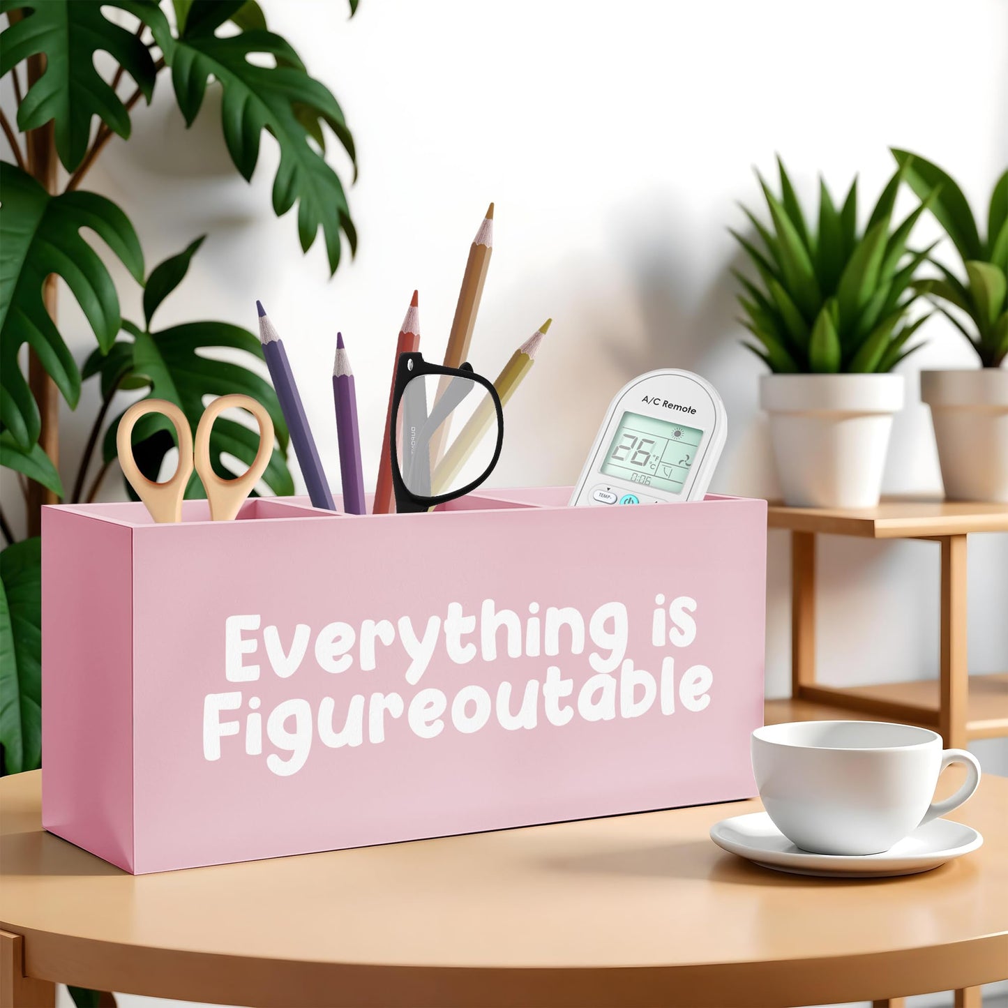 FITIE Everything Is Figureoutable Makeup Brush Toothbrush Holder, Preppy Coquette Pink Wooden Pen Pencil Holder Organizer for Dorm Bedroom Desk Accessories, Inspirational Gifts for Women