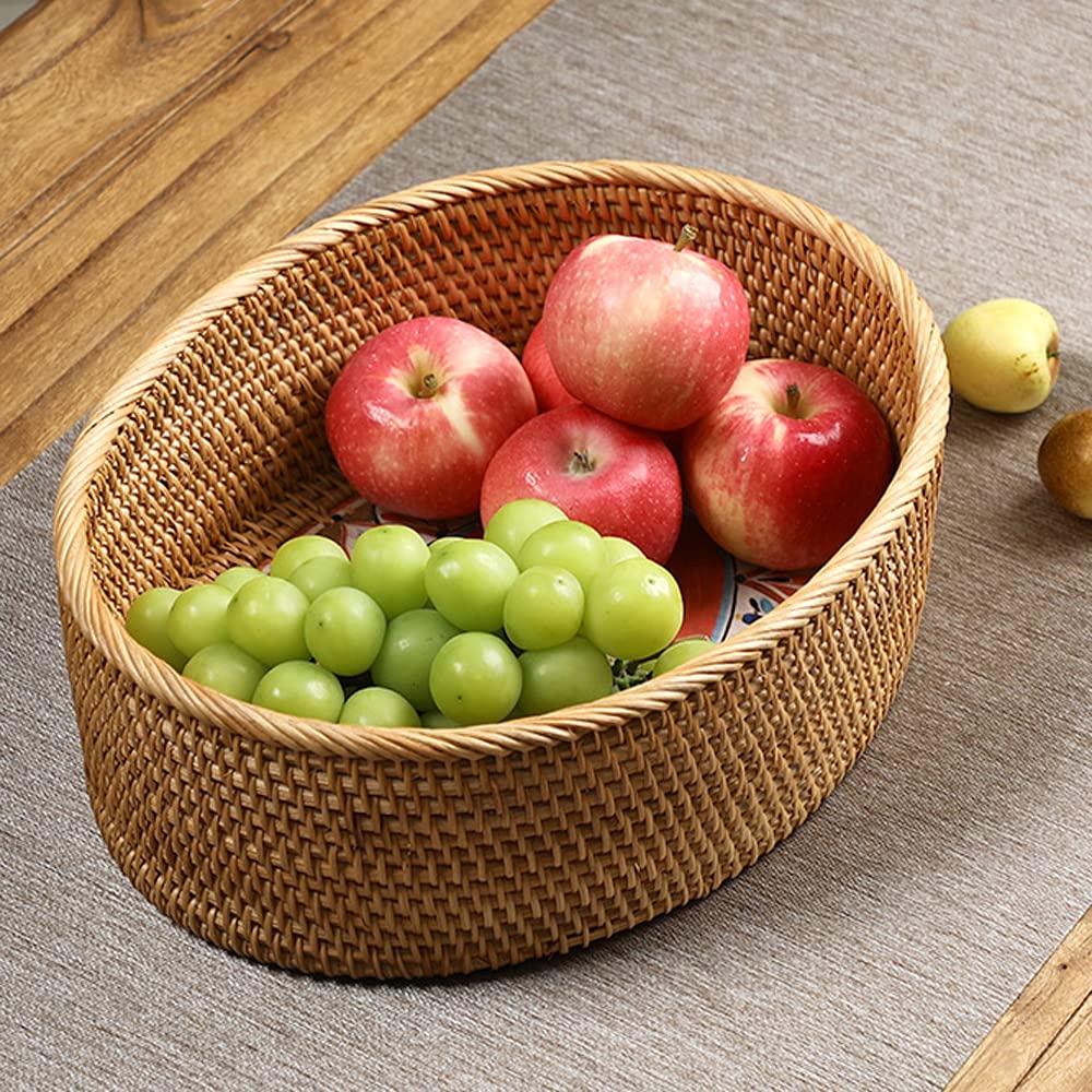 12 inch Oval Rattan Bread Basket, Deep Basket Tray with 4 Inch Wall and Painting Pattern Wooden Bottom, Decorative Wicker Basket Bowl for Coffee Table Décor, Kitchen, Bedroom, Brown, I-lan