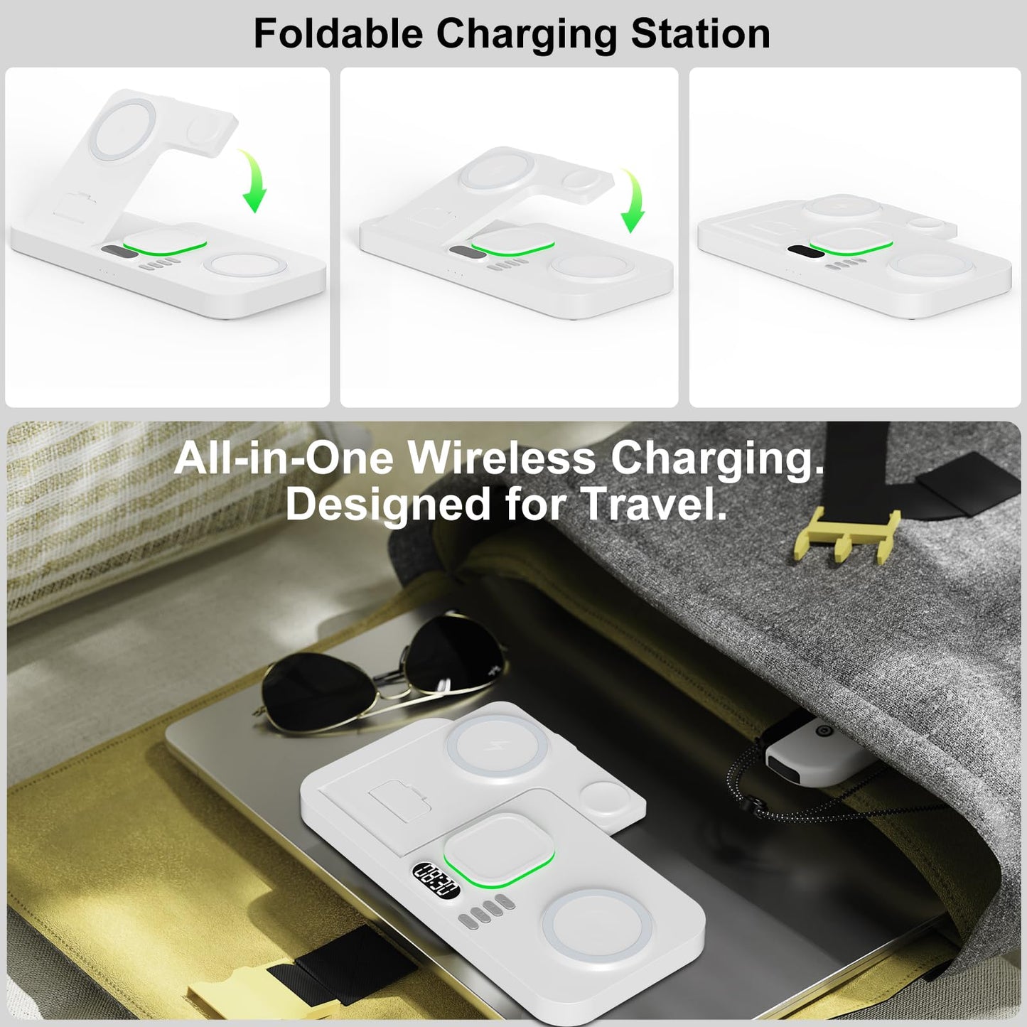 Dual Phone Magnetic Wireless Charging Station for Apple Devices/Apple Ecosystem,with Auto-Switch 7-Color Light & Clock, Compatible with iPhone 17/16/15, for iWatch 11/10/9 & AirPods Pro3（Cream