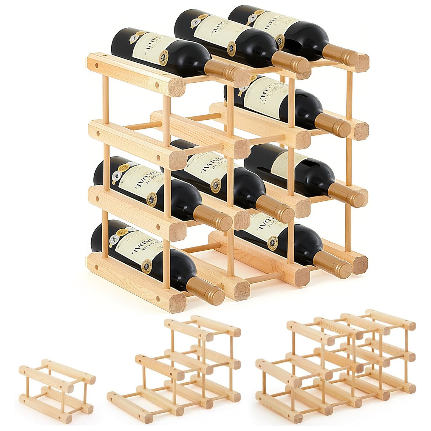 Spalivivre 12-Bottle Wooden Wine Rack, Stackable Modular Wine Rack, DIY Assembly Wine Storage Rack, Wine Bottle Holder for Inside Cabinet and Countertop