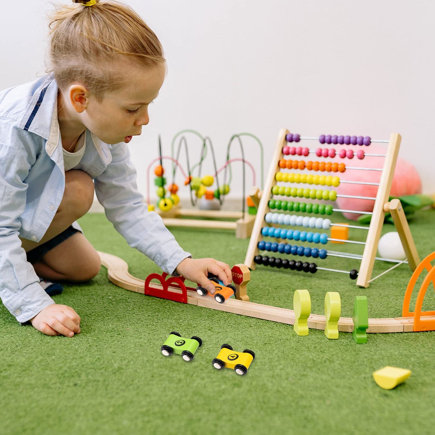 Zhanmai 4 Pieces Wooden Mini Car Ramp Race Track Toys for Aged 1 2 3, Race Party Present Wooden Car Ramp Mini Racer Play Set Replacement