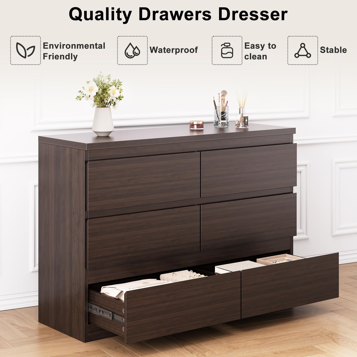 Jocoevol Modern 6 Drawer Dresser - Simply Chest of Drawers for Bedroom, Closet, Living Room, Hallway, Entryway, Wood Storage Double Dresser with Smooth Metal Rails - Retro Brown