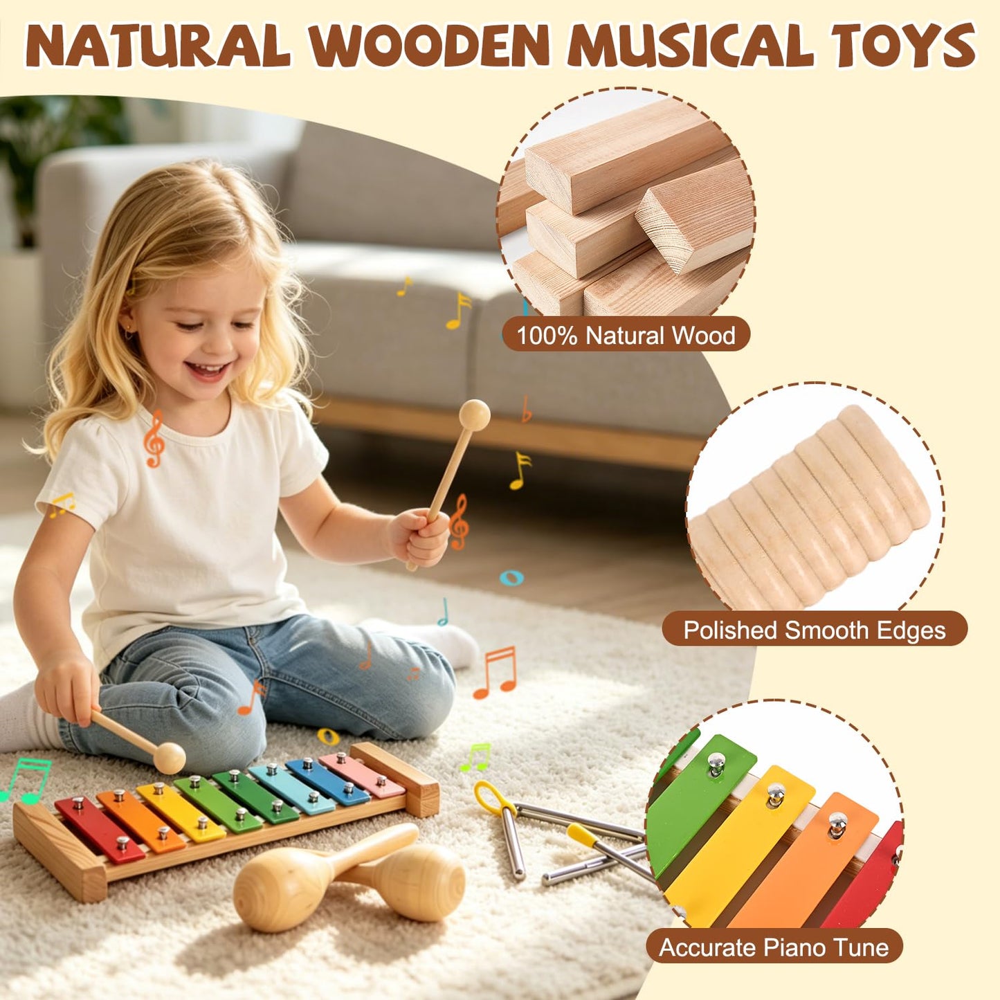Baby Musical Instruments Montessori Wooden Musical Toys, Toddler Percussion Instruments Xylophone Maracas Hand Drum for Toddlers