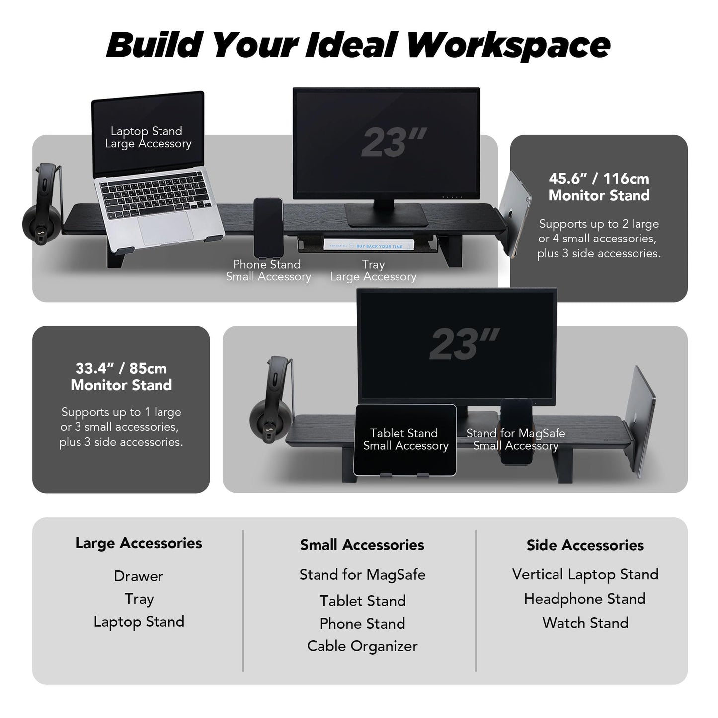 ULTRARM Moodular Wooden Monitor Stand 33.4” (85cm) Desk Organizer with Metal Slide Rails for Drawer, Tray, Laptop, Tablet, Phone & Headphones Customizable Riser for Organized Workspace Oak MS85-O