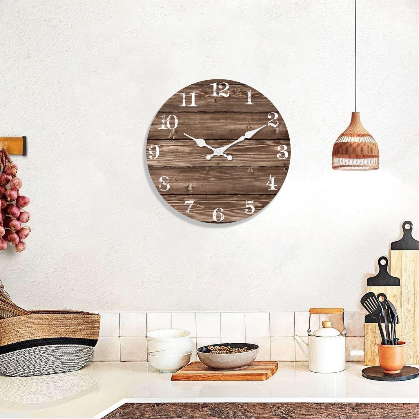 XFM Large Farmhouse Wall Clock Battery Operated 16 Inch Brown Wood Wall Clock Silent Non Ticking Rustic Wooden Wall Clocks for Kitchen Living Room Bedroom Decor