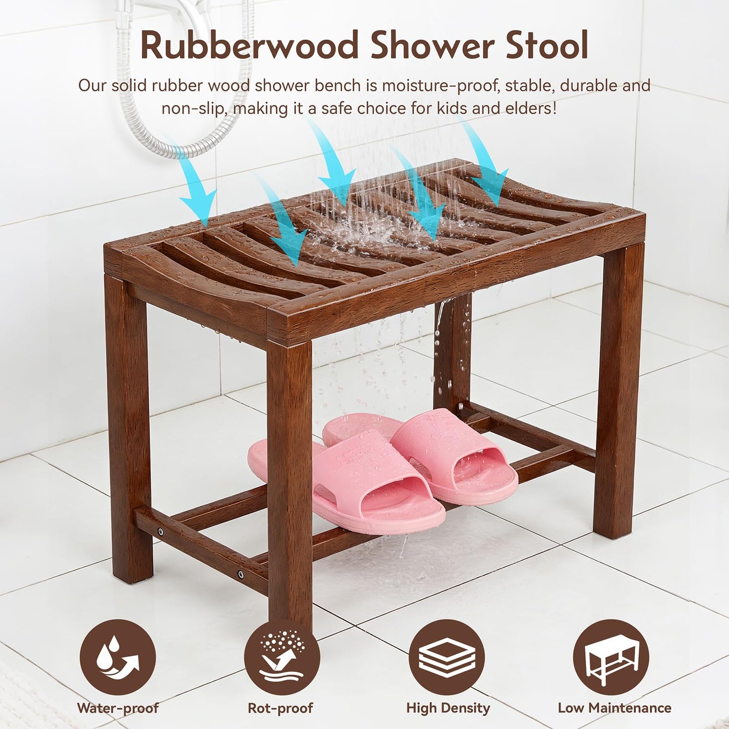 Azlafu Rubber Wood Shower Bench, Non-Slip Waterproof Wooden Shower Stool for Adults & Elderly, Sturdy Bath Seat for Inside Shower or Tub – 24.02" D x 14.96" H x 6.3" W