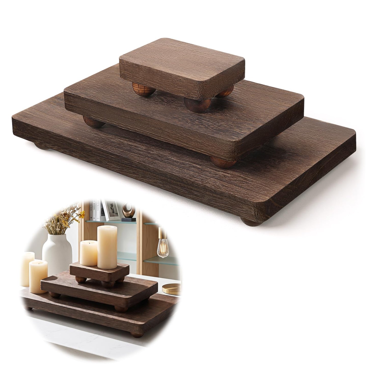 BotleFlow 3 Pcs Wooden Risers for Display Wood Pedestal Stand Wood Riser Display Pedestal Stand Square Wooden-Pedestal Holder for Decor Home Kitchen,3 Sizes(12 x 6.7, 8 x 4.7, 4 * 2.8 in,Brown)