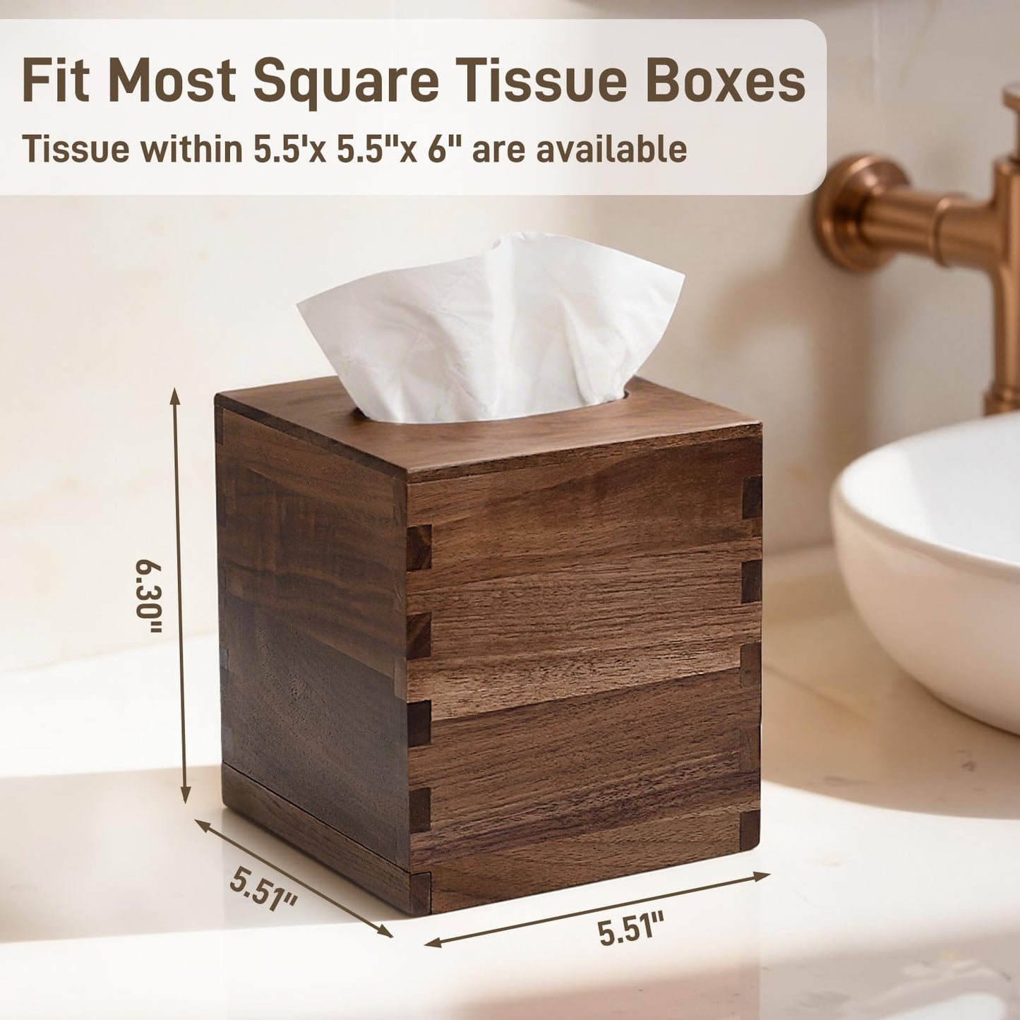 Solid Black Walnut Tissue Box Cover Square – Handcrafted Wood Tissue Holder with Mortise & Tenon Joinery, Fits Standard Cube Tissue Boxes