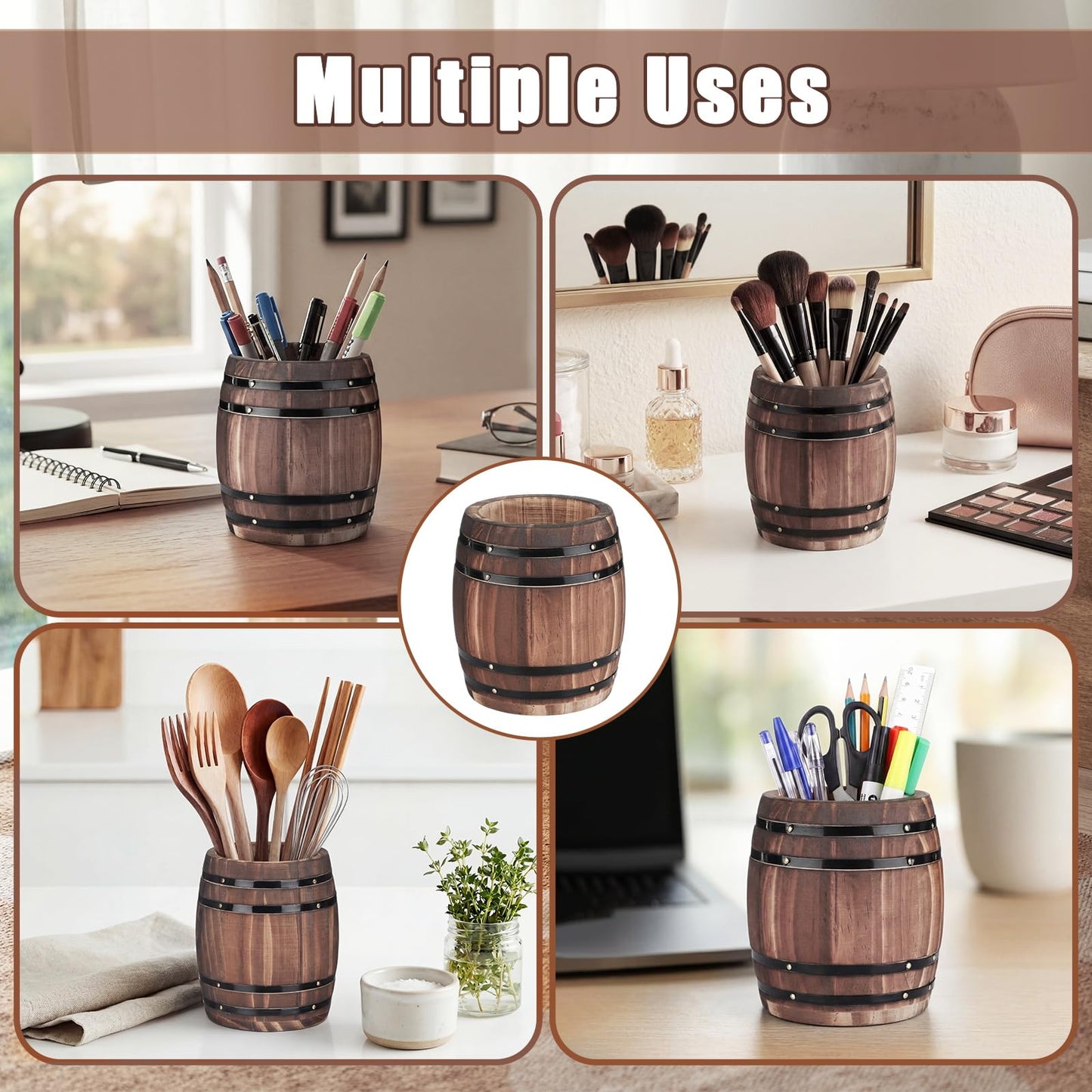 ForraFun Wine Barrel Pen & Pencil Holders Accessories Wooden Desktop Pencil Holder Containers Farmhouse Stationery Organizer Stand for Office Table Desk Accessory (2 Pcs)
